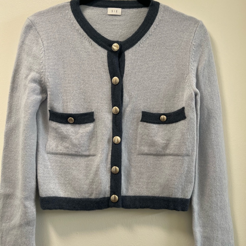 SIE Light Blue Cardigan with Navy Lining and Silver Buttons
